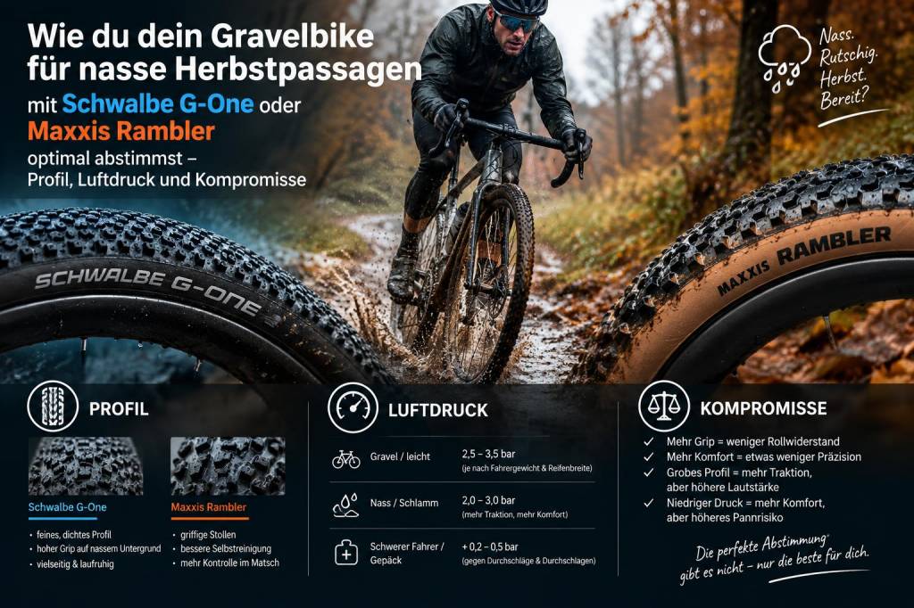 Wie du dein gravelbike für nasse herbstpassagen mit schwalbe g‑one oder maxxis rambler optimal abstimmst: profil, luftdruck und kompromisse